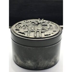 Vintage Metzke Trinket Box Pewter Tin Container Round Antelope Deer with Lid